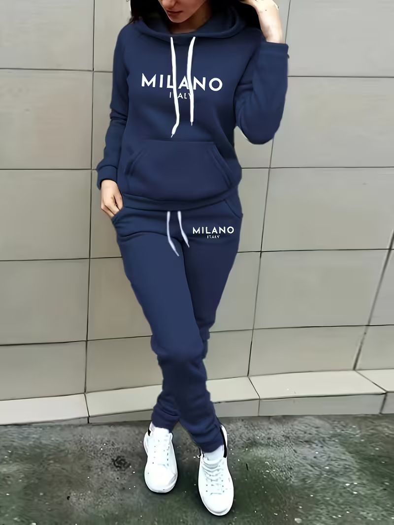 Cozy Fleece-Lined Hooded Sweatshirt Set With Milan Print - Winter Warm Pullover & Pants Outfit For Women (Letter Graphic, Multiple Colors)_ecoleips.com