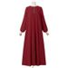 In-stock Muslim Women's New Cross-border Arab Solid Color Dress With Ribbon, Puff Sleeves, Loose Fit, And Round Neck_ecoleips.com