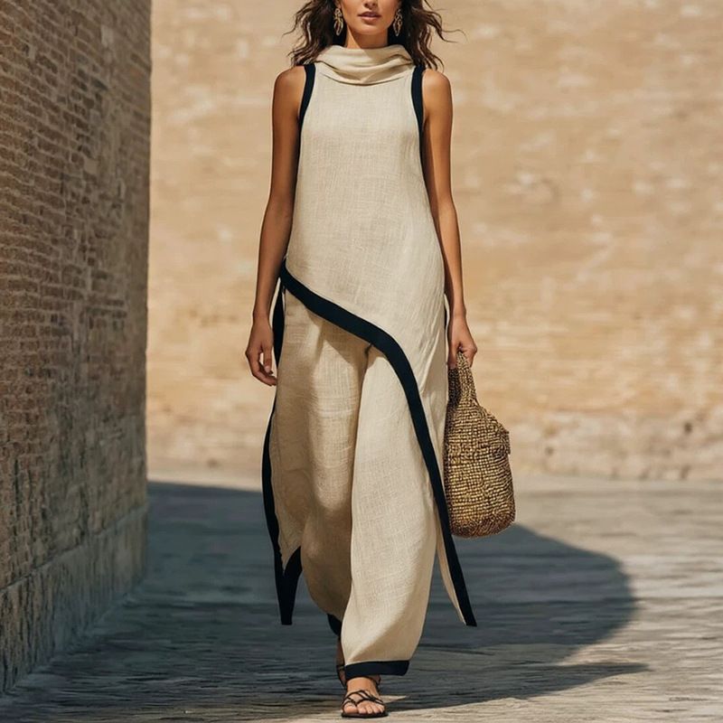 New Elegant Hooded Color Block Women's Two-Piece Set Irregular Cut Vest And Pants Casual Comfortable Women's Clothing_ecoleips.com