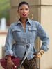 Women's Clothing Women's Casual Washed Denim Jacket With Pocket Waist Cinching Tie For Formal & Casual For Women_ecoleips.com