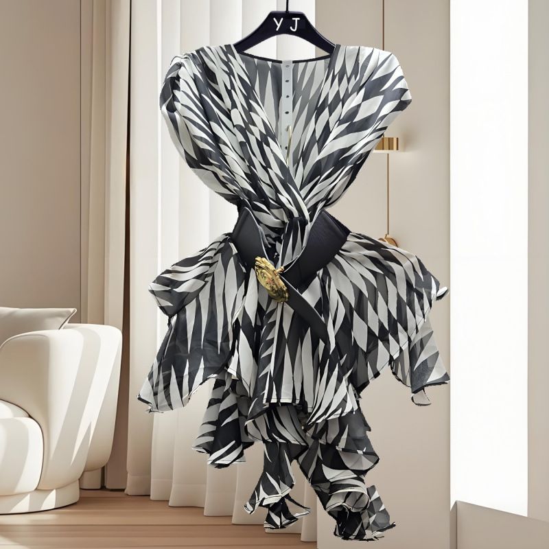 Women's Clothing Fashionable New Style Of Ins Niche Design V Neck Printed Top For Women With Belt Waist All Match Light Luxury Shirt_ecoleips.com