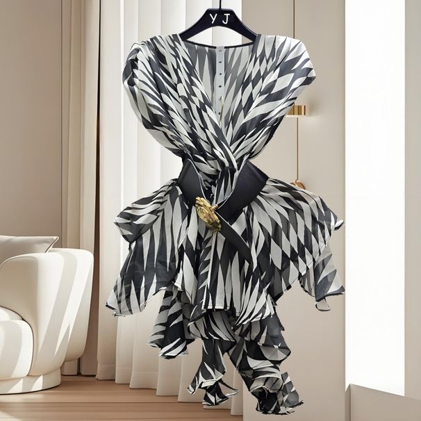 Women's Clothing Fashionable New Style Of Ins Niche Design V Neck Printed Top For Women With Belt Waist All Match Light Luxury Shirt_ecoleips.com