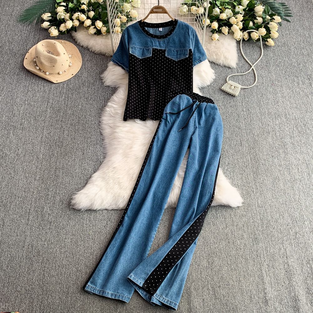 Casual Suit For Women 2025 Summer New Denim Patchwork Hot Diamond T Shirt Top + High Waist Slim Wide Leg Pants Two Piece Suit_ecoleips.com