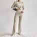 Women's Clothing Round Neck Long Sleeved Fashion Casual Suit Knitted Ribbed Wide Leg Pants Suit_ecoleips.com
