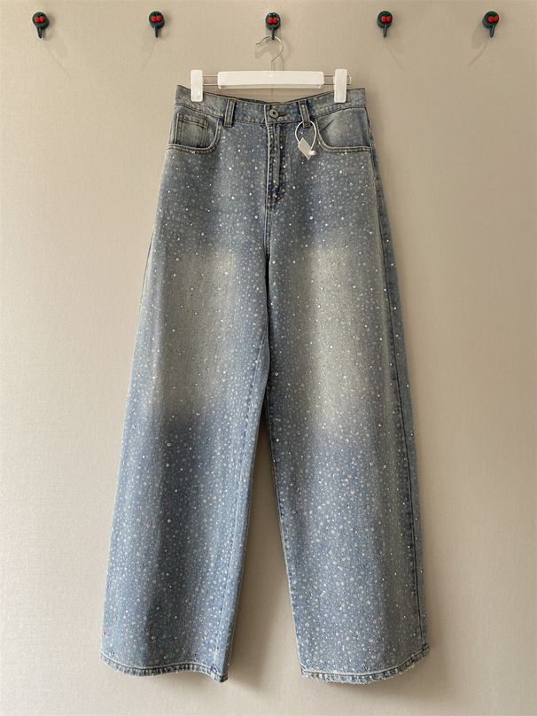 Distressed Embellished Jeans - Vintage-Inspired Wide-Leg Denim With Rhinestone Details, Low-Rise Fit For Women_ecoleips.com