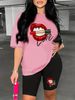 Summer Women's Casual Fashion Lip Print Lipstick Letter Graphic Print Loose T-shirt Shorts Two-piece Set Summer Sportswear Suitable For Daily Wear-163_ecoleips.com