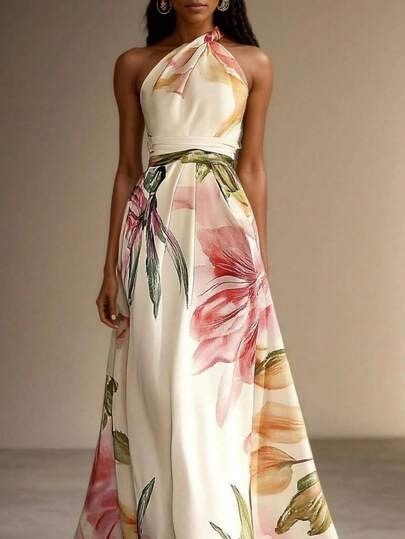 Women's Elegant Long Dress Positioning Print for Runway Parties And Vacations Casual Elegant Maxi Dress_ecoleips.com