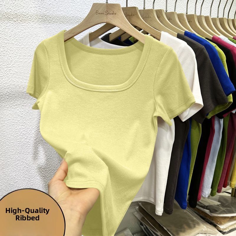 Women's Slim-Fit Ribbed Square Neck T-Shirt Short Sleeve Classic Basic Tee Sophisticated Office Wear Multiple Colors Size M to 4XL_ecoleips.com