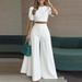 Effortless Chic 2-Piece Set – Round Neck Top + High-Waisted Wide Leg Pants, Wrinkle-Resistant Polyester For Work & Weekend (10 Colors, S-3XL)_ecoleips.com