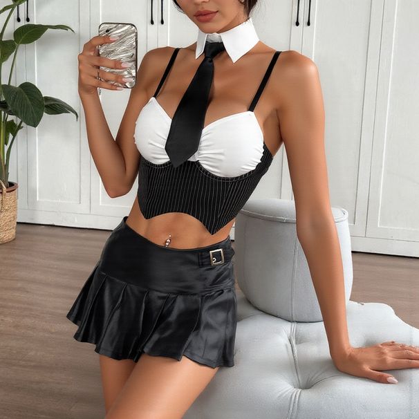Uniform Temptation Teacher Nightclub Hot Girl Tie Wrapped Chest European And American Style Sexy Tight Fishbone Camisole Female_ecoleips.com