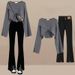 Women's Clothing Autumn And Winter Plus Size Outfits For Women New Slimming And Meat Covering Design Knitted Sweater Slit Flared Pants Two Piece Suit_ecoleips.com