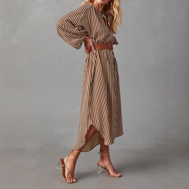 Chic Striped V-Neck Tunic Dress – Flowy Long Sleeve Shirt Dress With Lantern Sleeves (S-XXXL, Dark Brown)_ecoleips.com