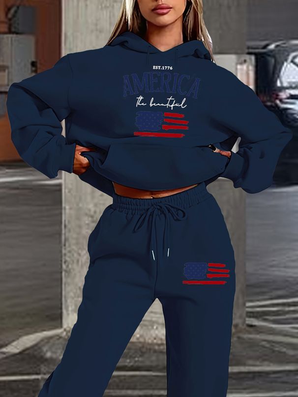 Women's Autumn/Winter Fashion Casual American Flag Pattern Printed Thick And Velvet Warm Hoodie+Sports Pants Set-786_ecoleips.com