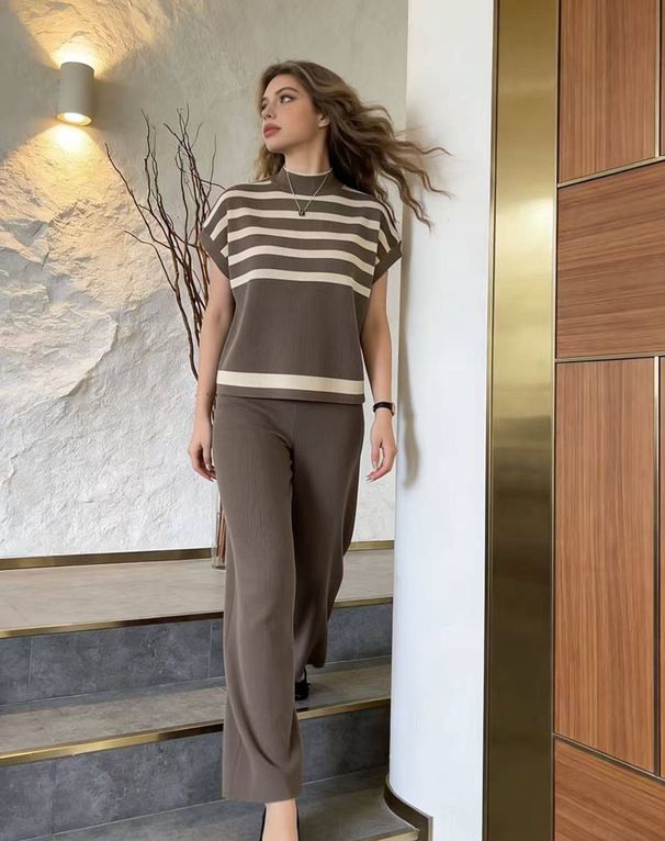 Women's Striped Knit Top And Wide Leg Pants Set Simple High-End Fashionable Clothing_ecoleips.com