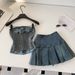 Retro Denim Strapless Vest And Pleated Skirt Two-Piece Set For Women Slim Fit Summer Outfit Youthful And Flattering_ecoleips.com