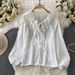 Elegant French Style Women's Chiffon Blouse Ruffled V-Neck Lantern Sleeve Regular Fit Summer Base Layer Top_ecoleips.com