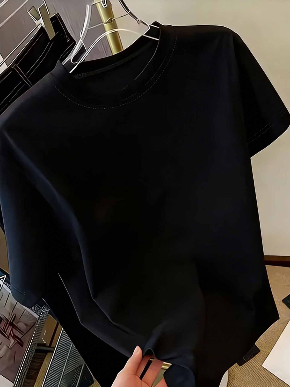 Women's Fresh Solid Crew Neck Tee, Loose Soft Casual Top For Summer Office Commuting & Afternoon Tea Dates_ecoleips.com