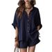 Women's Solid Color Button down Shirt And Shorts Set European American Style Spring/Summer Casual Fashion Loose Fit Pant Suit_ecoleips.com