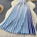 V-Neck Sleeveless Striped Knit Dress With Belt - Elegant A-Line Midi Dress For Women, Summer Casual Office Wear, Blue_ecoleips.com