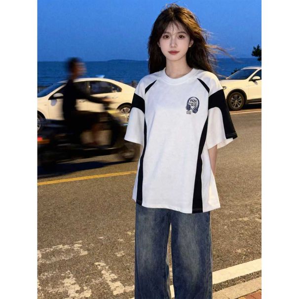 Heavyweight Pure Cotton Unisex American Retro Color Block Splice Sleeve Crew Neck Mid Length Loose Short Sleeve Couple Summer Streetwear T-shirt_ecoleips.com