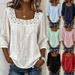 Women's Clothing Women's Casual Square Neck Top Lace Trim Three-Point Cotton Linen Short Sleeve Solid Color Summer_ecoleips.com