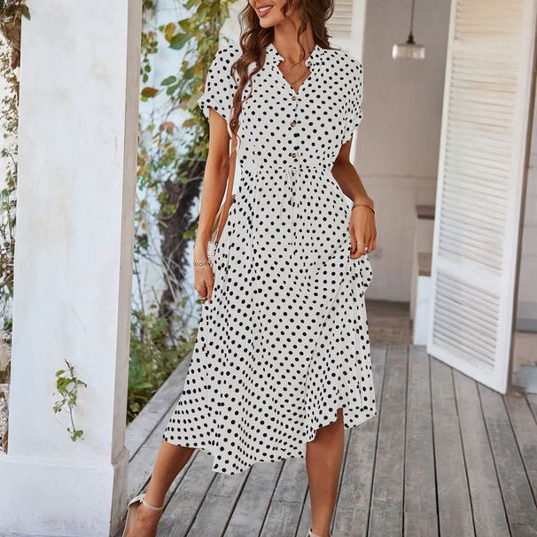 Diyun 2025 Spring/Summer European And American Style Casual Vacation Polka Dot Print High-Waisted Tie-Waist_ecoleips.com