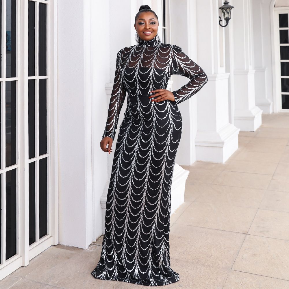 Women's round neck long-sleeved black dress sexy see-through sequin long dress_ecoleips.com