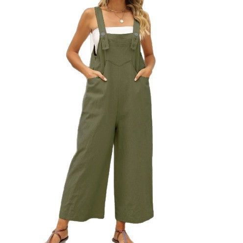 Women's Clothing Sleeveless Cotton And Linen Overalls Adjustable Straps Wide Leg Jumpsuit With Pockets_ecoleips.com