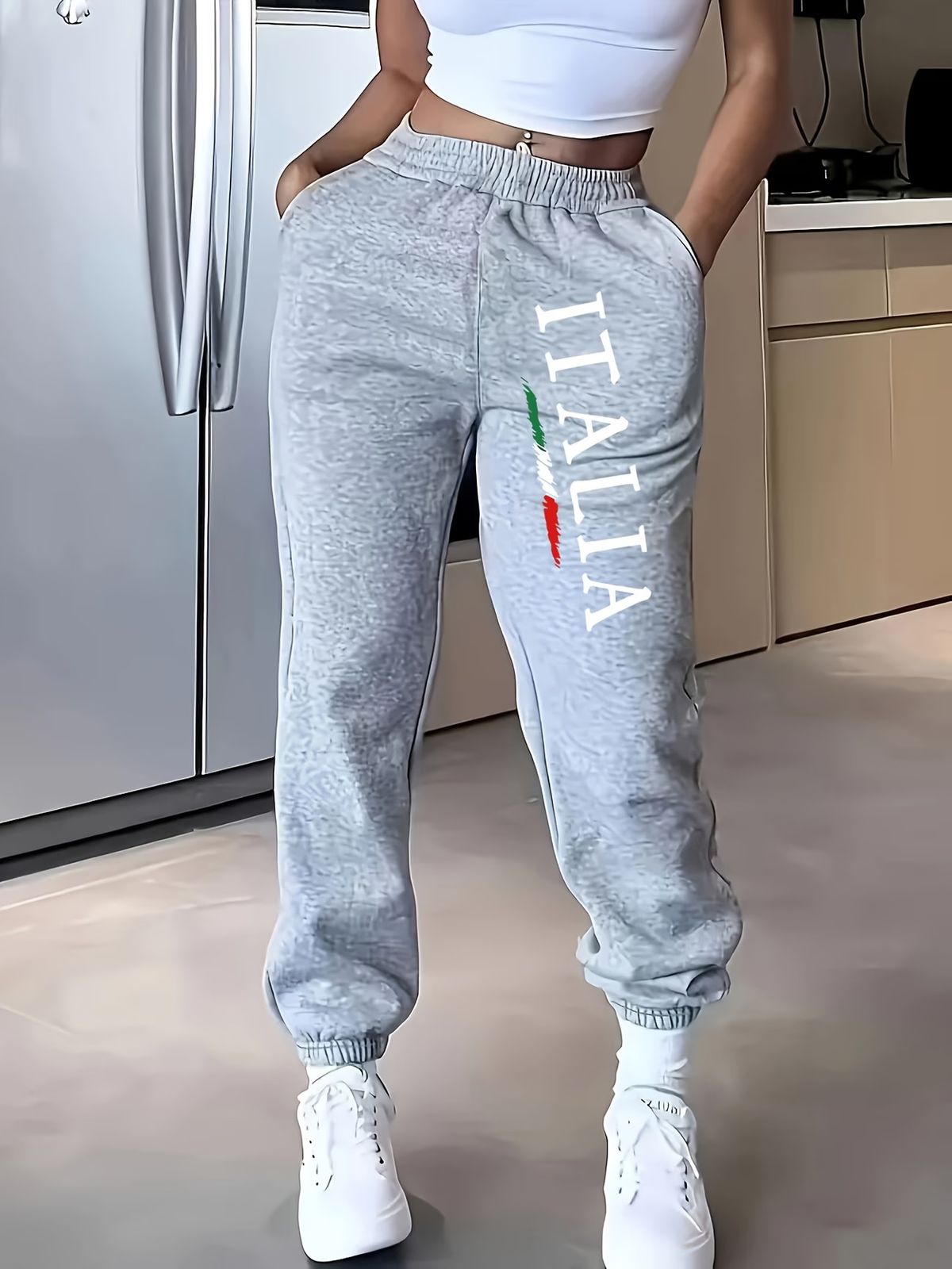 Women's High-Waisted Wide Leg Pants Loose Fit Sports Sweatpants Italian Flag Print Elastic Bottoms For Autumn Winter_ecoleips.com