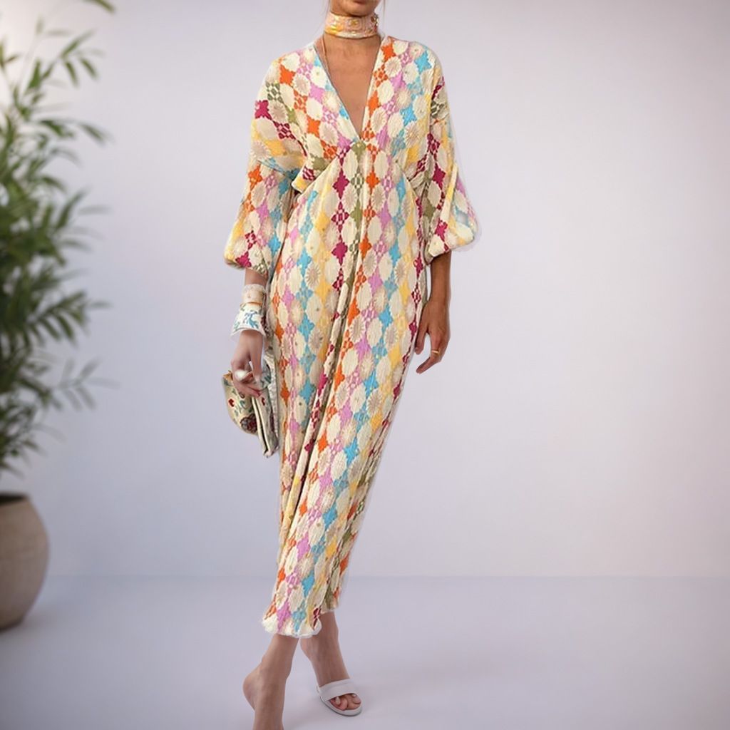 Elegant Women's Dress With Printed Long Skirt, V-Neck Design, And Lantern-Style Half-Sleeve Design_ecoleips.com