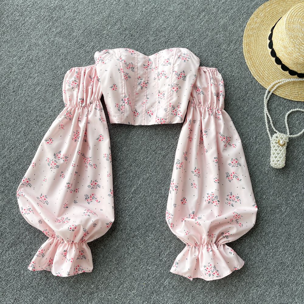 Elegant Floral Puff Sleeve Blouse - Chic Off-Shoulder Top For Women, Sweet & Stylish Long Sleeve Shirt, Versatile For Office & Casual Wear_ecoleips.com