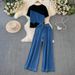 Women's Clothing Fashion Suit Patchwork Contrast Color Short Sleeved Top High Waist Wide Leg Jeans Two Piece Suit_ecoleips.com