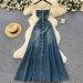 Vintage French Style Square Neck Halter Denim Dress - Elegant Backless Midi Dress With Single Row Buttons For Women_ecoleips.com