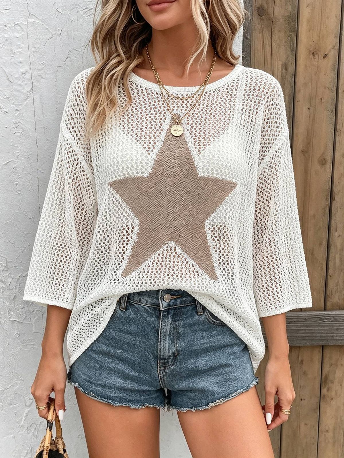 Plus Size Women's Star Jacquard Hollow Out Knit Cover Up Summer White Loose Vacation Style Top_ecoleips.com