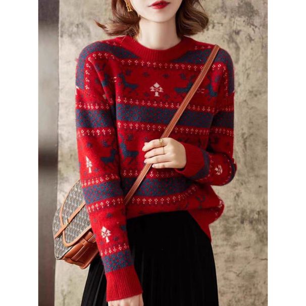 girl 2025 Autumn Winter New Christmas Reindeer Jacquard Knitted Loose Lazy Style Versatile Red Sweater For Women_ecoleips.com