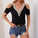 2026 Lace V-neck T-shirt With Appliqué Hollowed-out Short Sleeves, Loose Fit, Solid Color, Slimming Top, Elegant And_ecoleips.com