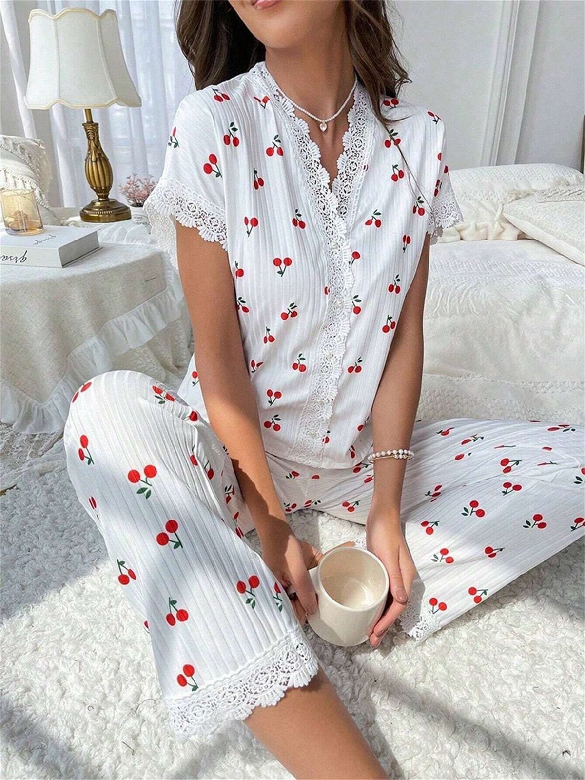 Women's Clothing Home Clothes Cherry Print Short Sleeved Lapel Pajamas Long Pants Two Piece Suit_ecoleips.com