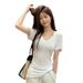 Women's Solid Color V-Neck Short Sleeve Front Shoulder Women's T-Shirt Summer Waist Slim Fit Pinch Waist Skinny Bottom Shirt Summer Wear_ecoleips.com