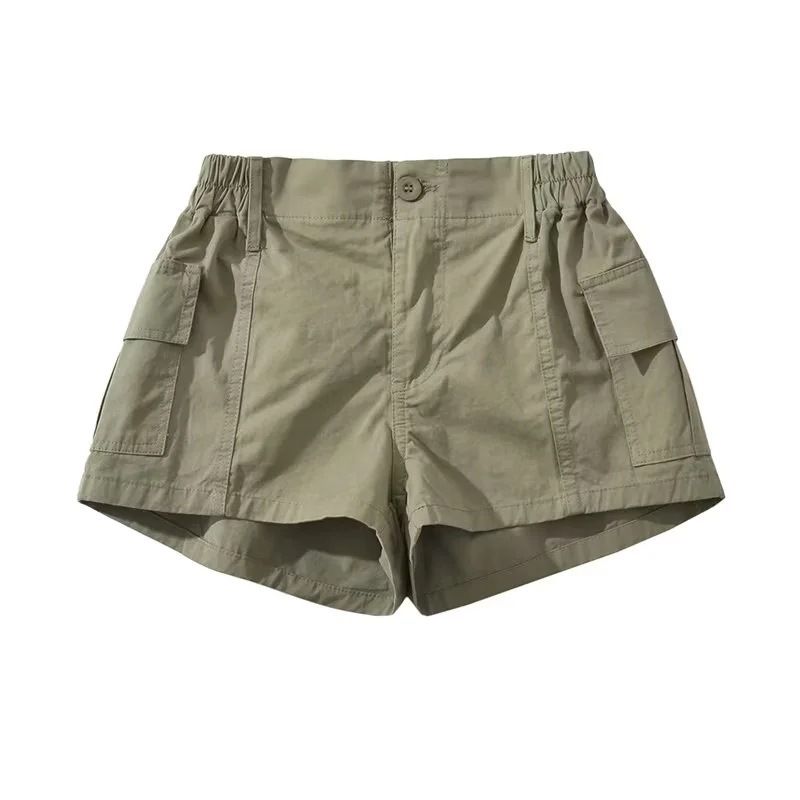 Women's Clothing Hot Girl Workwear Style Cuff Pocket Casual Shorts Holiday Style Basic Elastic Waist Fashionable Versatile Sports Shorts_ecoleips.com
