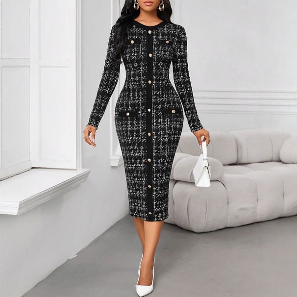 Women's Stretchy 3D-Printed Bodycon Dress Long Sleeve round Neck Slim Fit Office Casual Dress Xs to Xl 95% Polyester_ecoleips.com