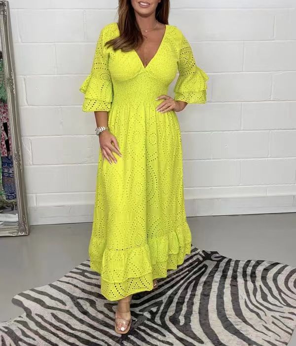 2023 . Wish Independent Site Cross-border New Fashion Comfortable Loose High-waisted Embroidered Solid Color Dress_ecoleips.com