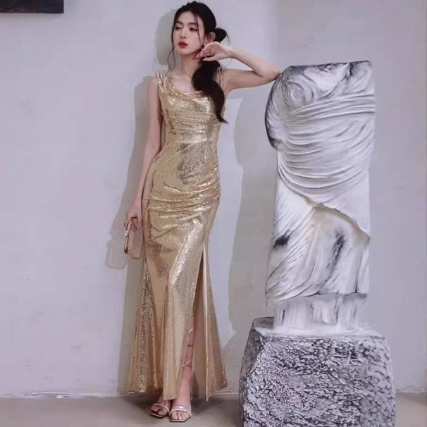 Women's Clothing Gold Evening Dress Niche Swing Collar Backless Dress Sequin Party Long Slim Slit Catwalk Dress Skirt_ecoleips.com