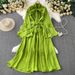 Women's Clothing Three Dimensional Flower V Neck Trumpet Sleeve Dress For Women In Summer With Waist Tightening Satin Slim Long Skirt_ecoleips.com