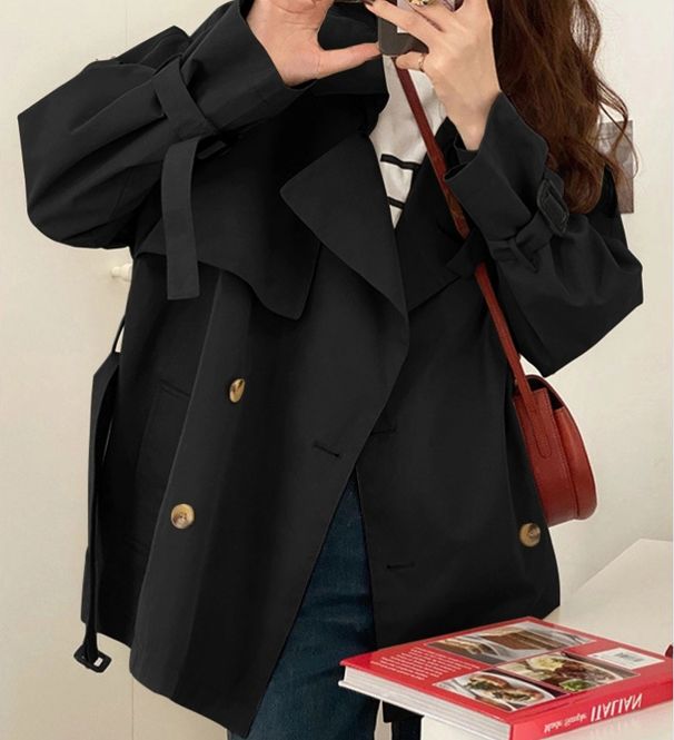 Women's Short Trench Coat – Korean-Inspired Belted Jacket With Stacked Collar (Khaki/Black, S/M/L/XL)_ecoleips.com