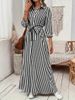 Elegant Temperament Striped Lapel Short Sleeve Dress Women Summer New Style Waist Temperament All Match A Line Skirt_ecoleips.com