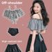 Petite Girls Three Piece Two Piece Swimsuit Set with Ruffles for Slimming Effect And Chest Coverage Retro Plaid Design for Summer Hot Springs_ecoleips.com