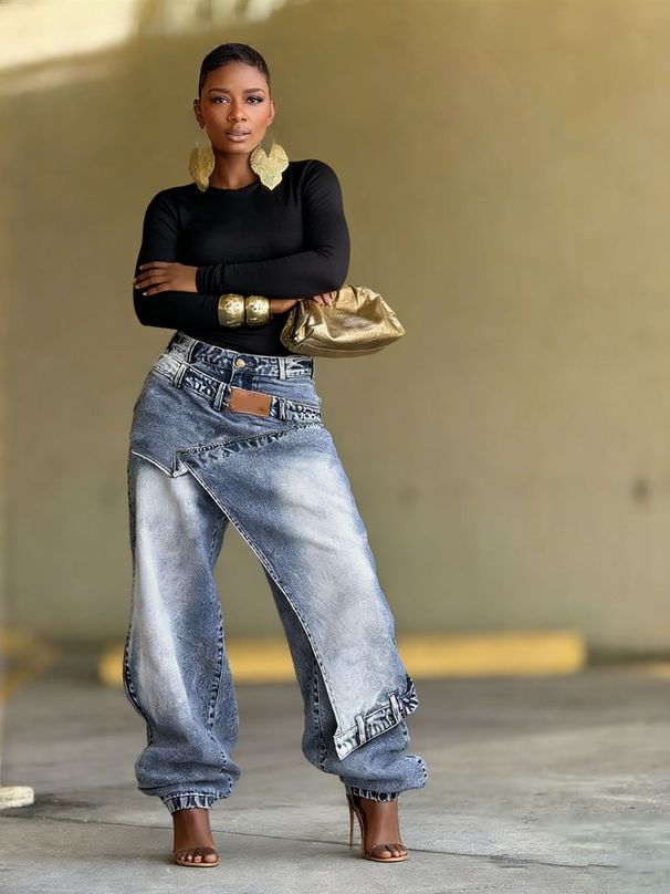 Women's High Waisted Straight Leg Jeans Heavy Duty Patchwork Hand Studded Rhinestone Design Casual Cotton Pants for Autumn_ecoleips.com