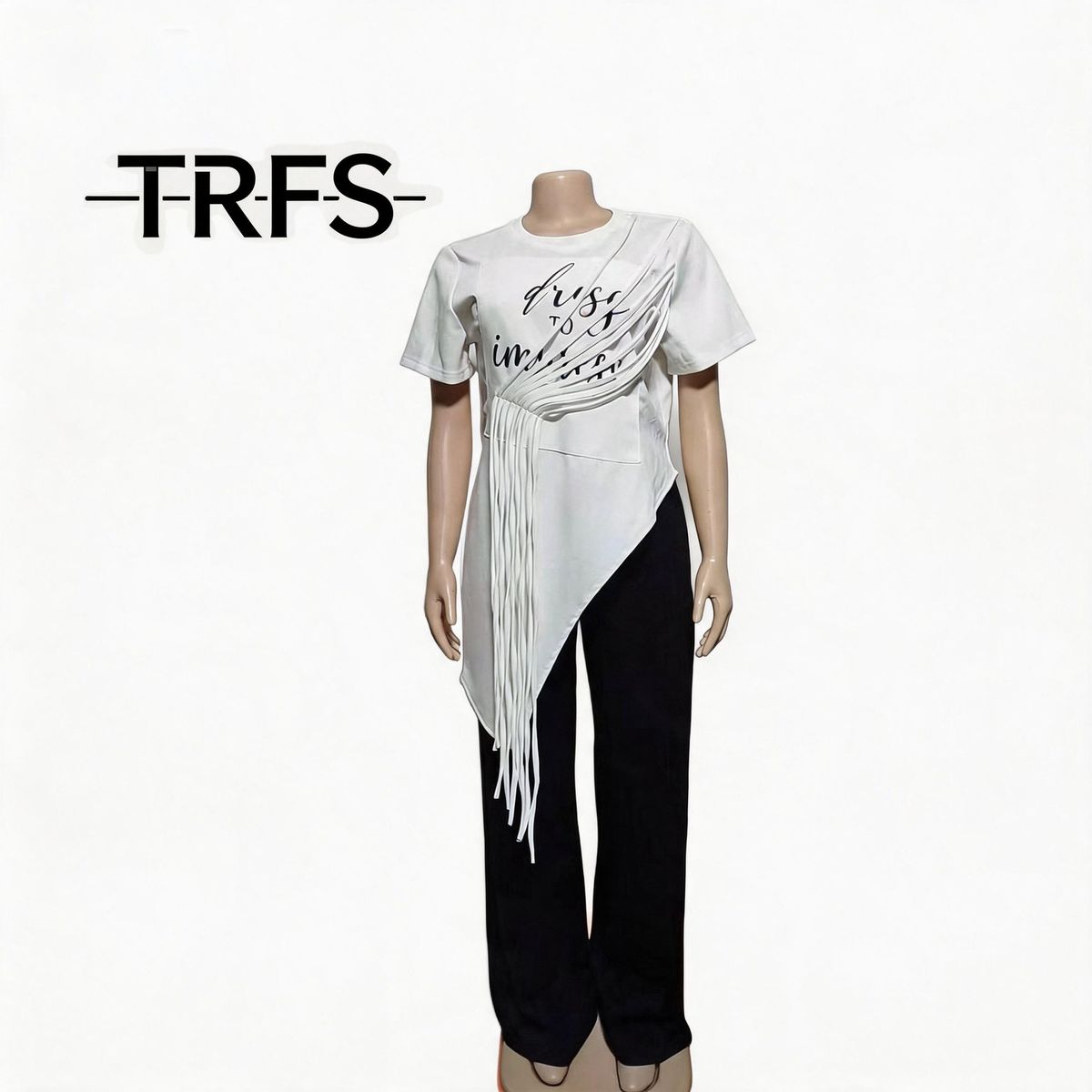 Summer New Style Women's T-Shirt Set Irregular round Neck Short Sleeve Tassel Decoration Printed Letters Paired with Black Straight Leg Pants_ecoleips.com