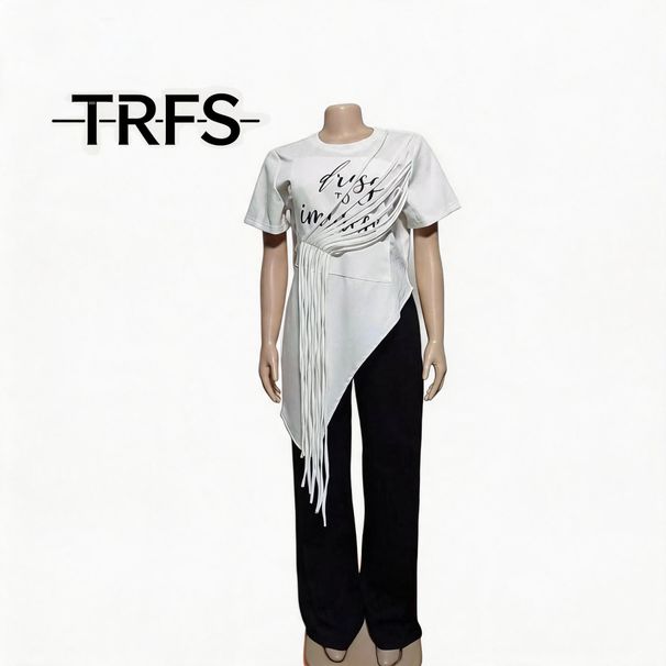 Summer New Style Women's T-Shirt Set Irregular round Neck Short Sleeve Tassel Decoration Printed Letters Paired with Black Straight Leg Pants_ecoleips.com