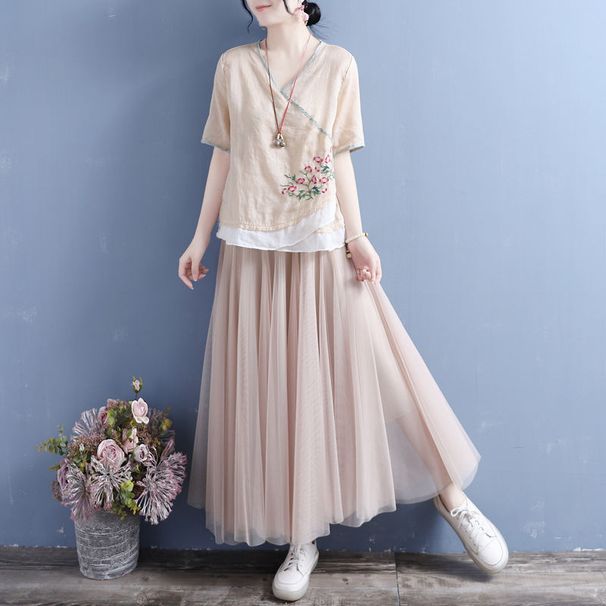 Summer Cotton And Linen V-Neck Short-Sleeved Top Women's Color-Matching Edge Fake Slant Placket Double Button Chinese St_ecoleips.com